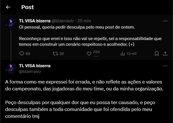 Tweet de justificativa da bizerra